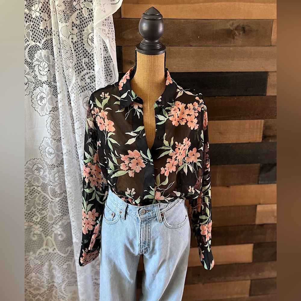 Flower Black Pink Green Floral Croft & Barrow Sheer Button Down Blouse